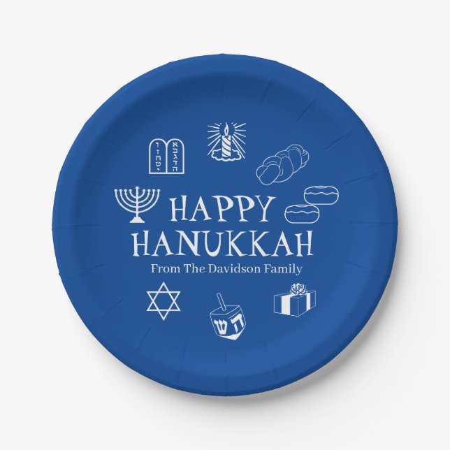 Happy Hanukkah Blau & Weiß benutzerdefinierte Fami Pappteller (Vorderseite)