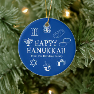 Happy Hanukkah Blau & Weiß individuelle Name bevo Keramik Ornament
