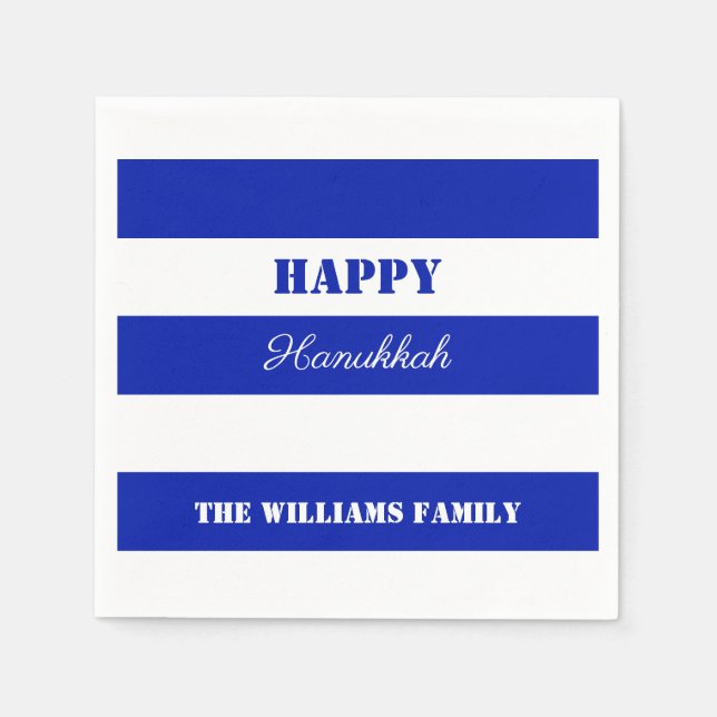 Happy Hanukkah Blau Weiße Streifen Muster Serviette (Vorderseite)