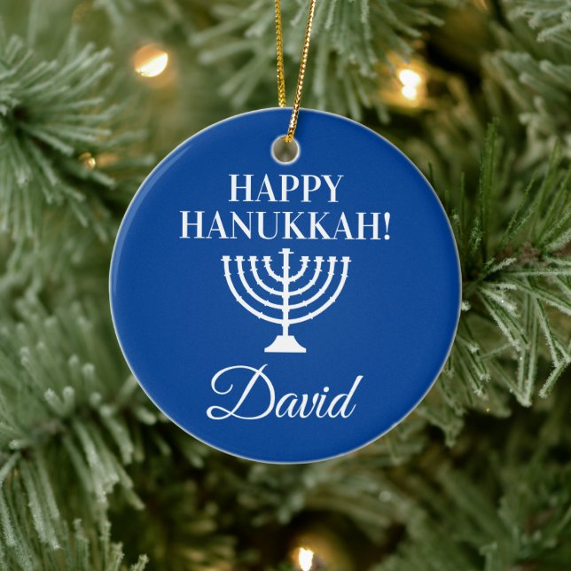 Happy Hanukkah blauen menorah Custom Jewish Holida Keramik Ornament (Baum)
