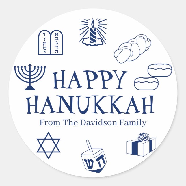 Happy Hanukkah Blauer individuelle Name Gunst Runder Aufkleber (Vorderseite)