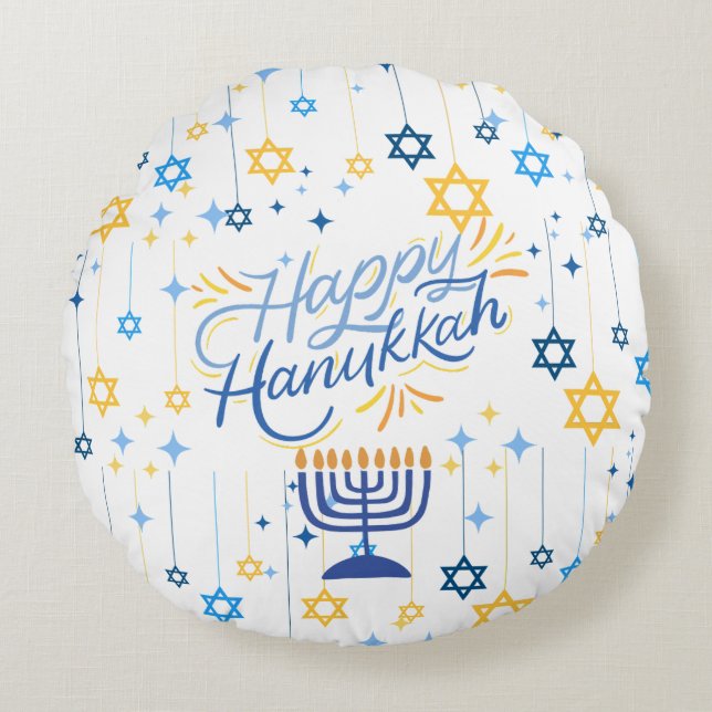 Happy Hanukkah Blue And Gold Rundes Kissen (Vorderseite)
