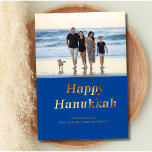Happy Hanukkah Blue Gold Foil Foto Feiertagskarte<br><div class="desc">Blue und Gold Folie Happy Hanukkah Holiday Card. Fügen Sie Ihr Foto hinzu,  um es zu personalisieren.</div>