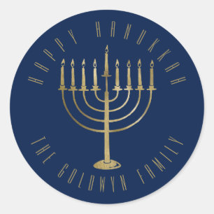 Happy Hanukkah 'Blue Gold Menorah Holiday Runder Aufkleber