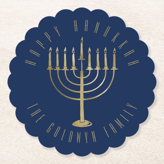 Happy Hanukkah Blue Gold Menorah Holiday Untersetzer (Vorderseite)