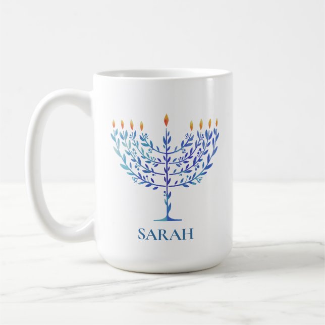Happy Hanukkah Blue Menorah Festival of Lights Kaffeetasse (Links)