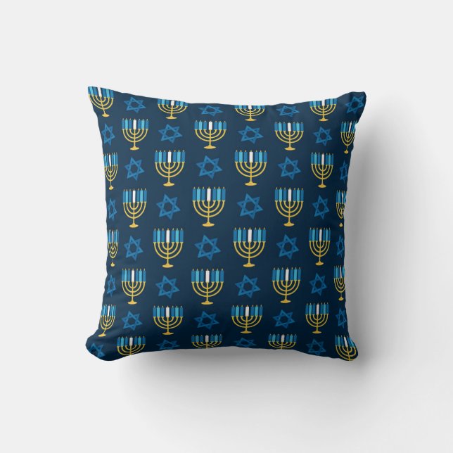 Happy Hanukkah Blue Menorah Star von David Pattern Kissen (Vorderseite)