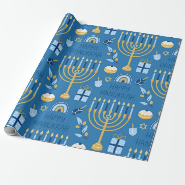 Happy Hanukkah Blue Star von David Menorah Geschenkpapier (Ungerollt)