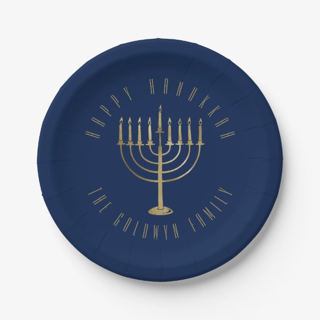 Happy HanuKkah Blue und Gold Menorah Urlaub Pappteller (Vorderseite)