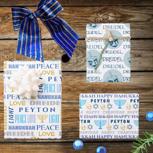 Happy Hanukkah Blue White Kinder Name Typografie Geschenkpapier Set