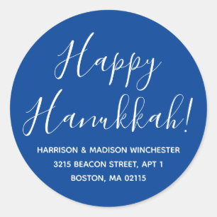 Happy Hanukkah Blue White Script Rücksendeadresse Runder Aufkleber