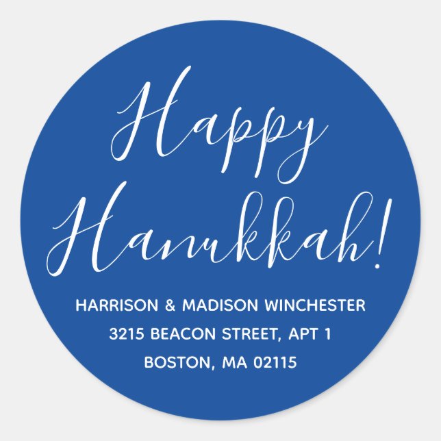 Happy Hanukkah Blue White Script Rücksendeadresse Runder Aufkleber (Vorderseite)