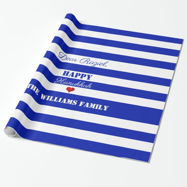 Happy Hanukkah Blue White Striping Muster Herz Geschenkpapier (Ungerollt)