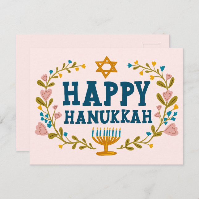 HAPPY HANUKKAH Blumenkranz Jüdisch individuell anp Postkarte (Vorne/Hinten)