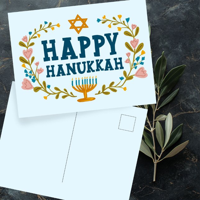 HAPPY HANUKKAH Blumenkranz Jüdisch individuell anp Postkarte (HAPPY HANUKKAH floral wreath Jewish Customizable Postcard
)