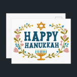 HAPPY HANUKKAH Blumenkranz Jüdisch individuell anp Postkarte<br><div class="desc">Handgezeichneter Text und Florale von mir für Sie. Fügen Sie Ihren eigenen Text auf der Rückseite der Postkarte hinzu oder ändern Sie die Hintergrundfarben. Für weitere Designs und Farben Karo mein Shop! Oder lass mir Bescheid,  wenn du etwas Angewohntes willst. Frag,  wenn du nicht findest,  was du brauchst! :</div>