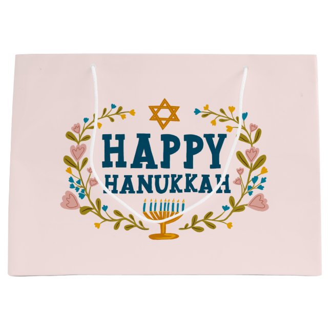 HAPPY HANUKKAH Blumenkranz Jüdischer Urlaub CUSTOM Große Geschenktüte (Vorderseite)