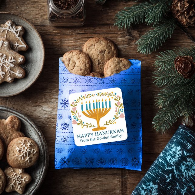 HAPPY HANUKKAH Blumenkranz Jüdischer Urlaub CUSTOM Quadratischer Aufkleber (HAPPY HANUKKAH floral wreath Jewish Holiday CUSTOM Square Sticker
)