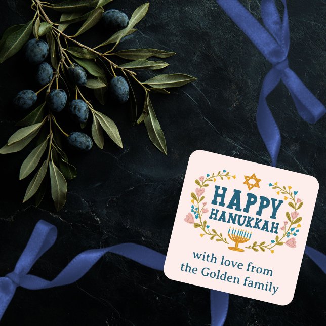 HAPPY HANUKKAH Blumenkranz Jüdischer Urlaub CUSTOM Quadratischer Aufkleber (HAPPY HANUKKAH floral wreath Jewish Holiday CUSTOM Square Sticker
)