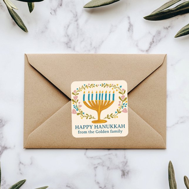 HAPPY HANUKKAH Blumenkranz Jüdischer Urlaub CUSTOM Quadratischer Aufkleber (HAPPY HANUKKAH floral wreath Jewish Holiday CUSTOM Square Sticker
)