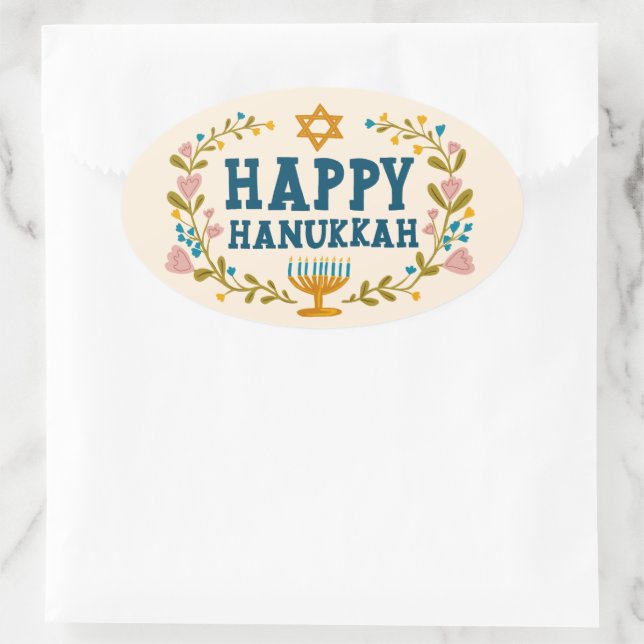 HAPPY HANUKKAH Blumenkranz Jüdischer Urlaub Ovaler Aufkleber (Tasche)