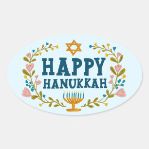 HAPPY HANUKKAH Blumenkranz Jüdischer Urlaub Ovaler Aufkleber