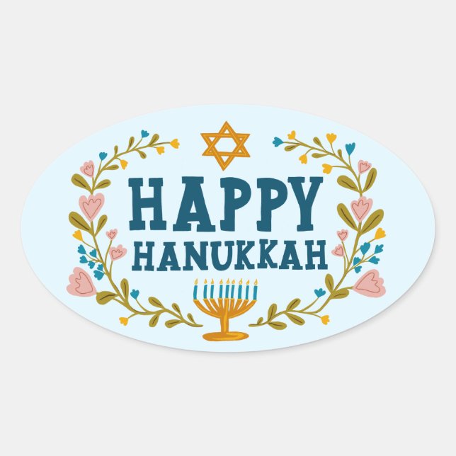 HAPPY HANUKKAH Blumenkranz Jüdischer Urlaub Ovaler Aufkleber (Vorderseite)