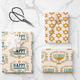 HAPPY HANUKKAH Blumenkranz Jüdisches Holiday Set Geschenkpapier Set