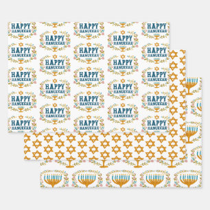 HAPPY HANUKKAH Blumenkranz Jüdisches Holiday Set Geschenkpapier Set