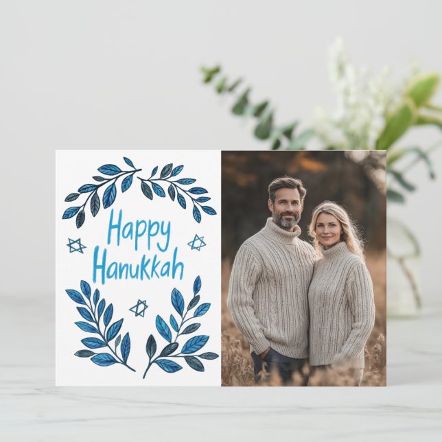 Happy Hanukkah Botanical Watercolor CUSTOM FOTO Karte (Stehend Vorderseite)
