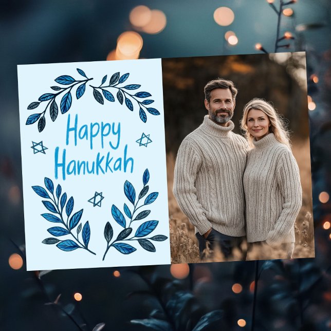 Happy Hanukkah Botanical Watercolor CUSTOM FOTO Karte (Happy Hanukkah Botanical Watercolor Modern CUSTOM PHOTO Card
)