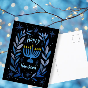 Happy Hanukkah Botanische Menorah Wasserfarbe Feiertagspostkarte