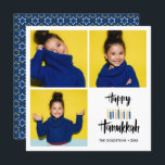 Happy Hanukkah Candles | Ferien 3 Fotos Einladung<br><div class="desc">Festliche Hanukkah Holiday Foto Grußkarte mit drei von Ihrem persönlichen Foto und "glückliche hanukkah" in handgeschriebenen Stil Bürste Typografie und Kerzen in den Schattierungen von Blues und Gelb. Personalisieren Sie den benutzerdefinierten Text mit Ihrem Namen und Jahr. Karten kehren zu einem Muster aus weißen und gelben Sternen auf einem koordinierten...</div>