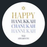 Happy Hanukkah Chanukah Holiday Round Sticker<br><div class="desc">Imitate simulierte Goldfolien-Design ist in diesem Design integriert. Personalisieren Sie den benutzerdefinierten Text oben. Weitere Koordinationsgegenstände finden Sie in unserer Sammlung "Happy Hanukka Chanukah".</div>