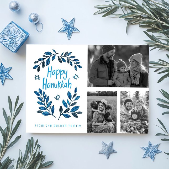 Happy Hanukkah CUSTOM 3 FOTOS Grid Holiday Card Karte (Happy Hanukkah CUSTOM PHOTOS Holiday Card
)