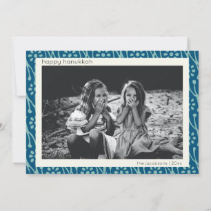 Happy Hanukkah Custom Foto Blue Floral Boho Feiertagskarte