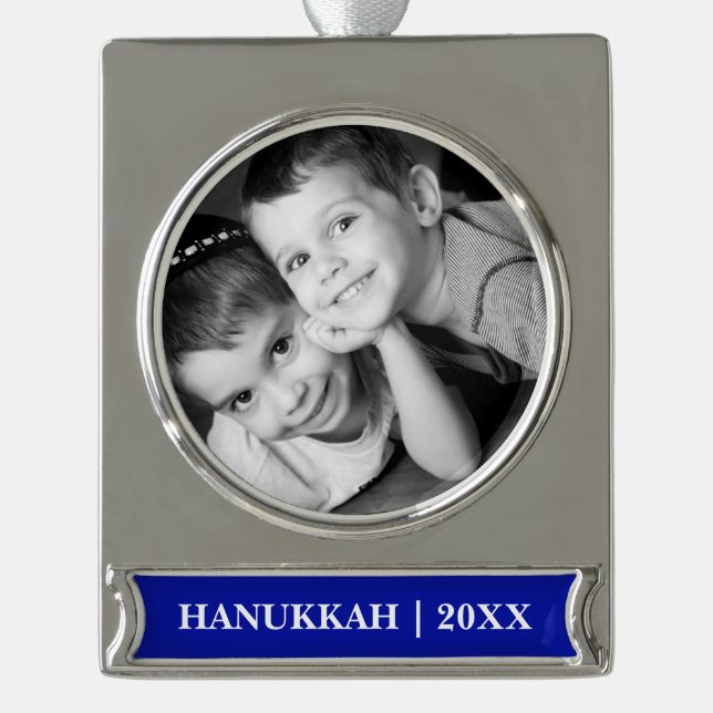 Happy Hanukkah. Custom Foto Hanukkah Banner-Ornament Silber (Vorderseite)