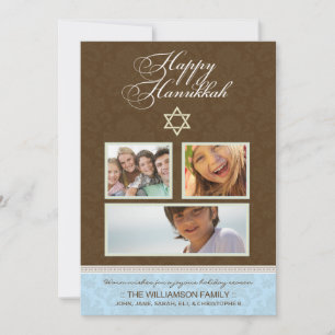Happy Hanukkah Damask Holiday Card (braun/blau) Feiertagskarte