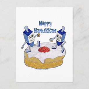 Happy Hanukkah Dancing Dreidels Jelly Doughnut Feiertagspostkarte