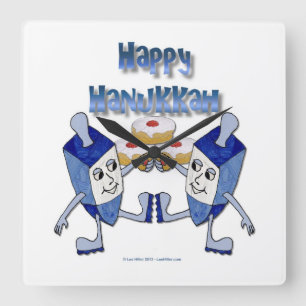 Happy Hanukkah Dancing Dreidels Jelly Doughnut Quadratische Wanduhr