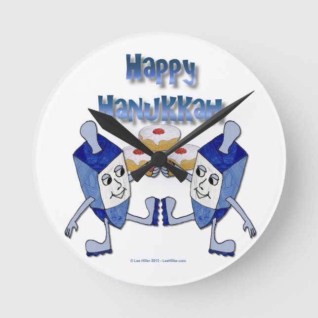 Happy Hanukkah Dancing Dreidels Jelly Doughnut Runde Wanduhr (Vorderseite)