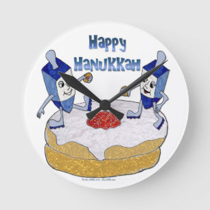 Happy Hanukkah Dancing Dreidels Jelly Doughnut Runde Wanduhr