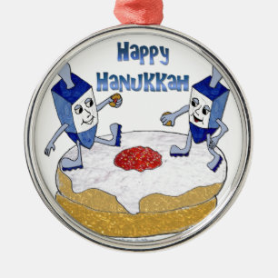 Happy Hanukkah Dancing Dreidels Jelly Doughnut Silbernes Ornament
