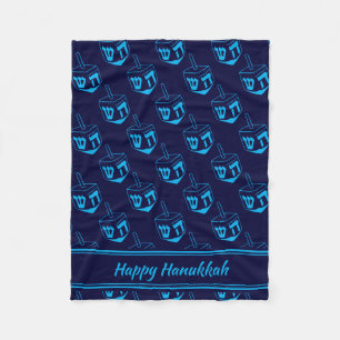 HAPPY HANUKKAH Dreidel NAVY CYAN Fleecedecke