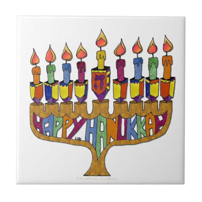 Happy Hanukkah Dreidels Menorah Fliese (Vorderseite)