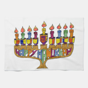 Happy Hanukkah Dreidels Menorah Küchentuch