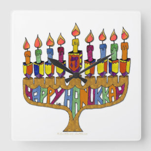 Happy Hanukkah Dreidels Menorah Quadratische Wanduhr