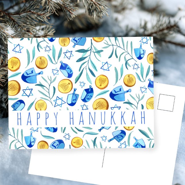 Happy Hanukkah Driedel Gelt Watercolor CUSTOM Postkarte (Happy Hanukkah Driedel Gelt Watercolor CUSTOM Postcard
)