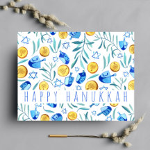 Happy Hanukkah Driedel Gelt Watercolor CUSTOM