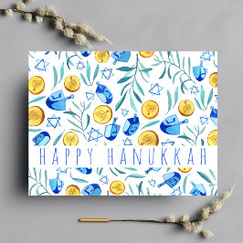 Happy Hanukkah Driedel Gelt Watercolor CUSTOM Postkarte